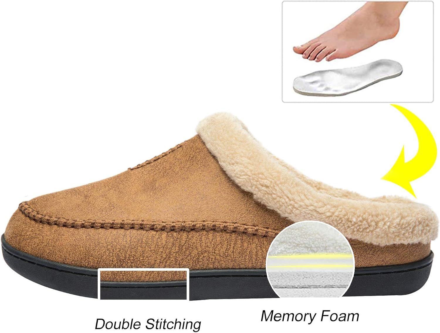 Мужские мокасины WOTTE из искусственной кожи с флисовой подкладкой и эффектом памяти, домашние тапочки для использования дома и на улице, коричневый — фото 4