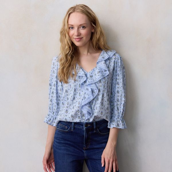 

Женская блузка с рюшами и защипами спереди Lc Lauren Conrad, цвет blue quilted ditzy