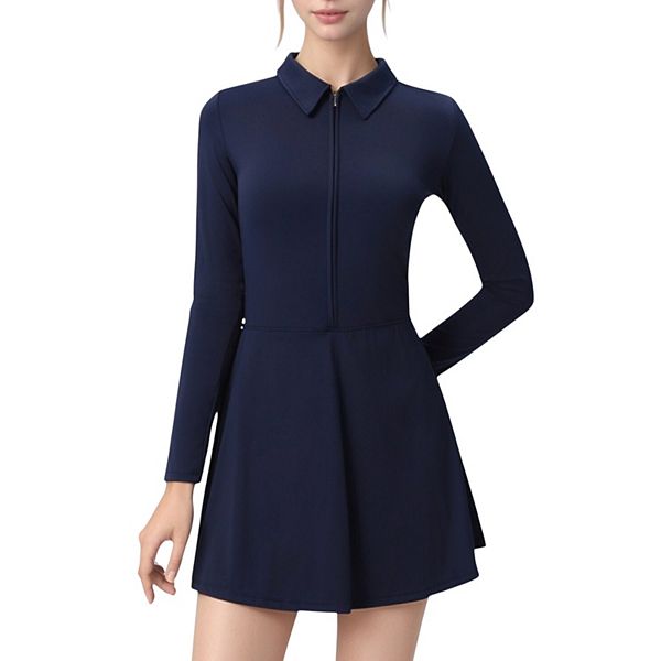 

Женское платье для активного отдыха с длинным рукавом, застежкой-молнией спереди и острым воротником Anna-Kaci, Navy