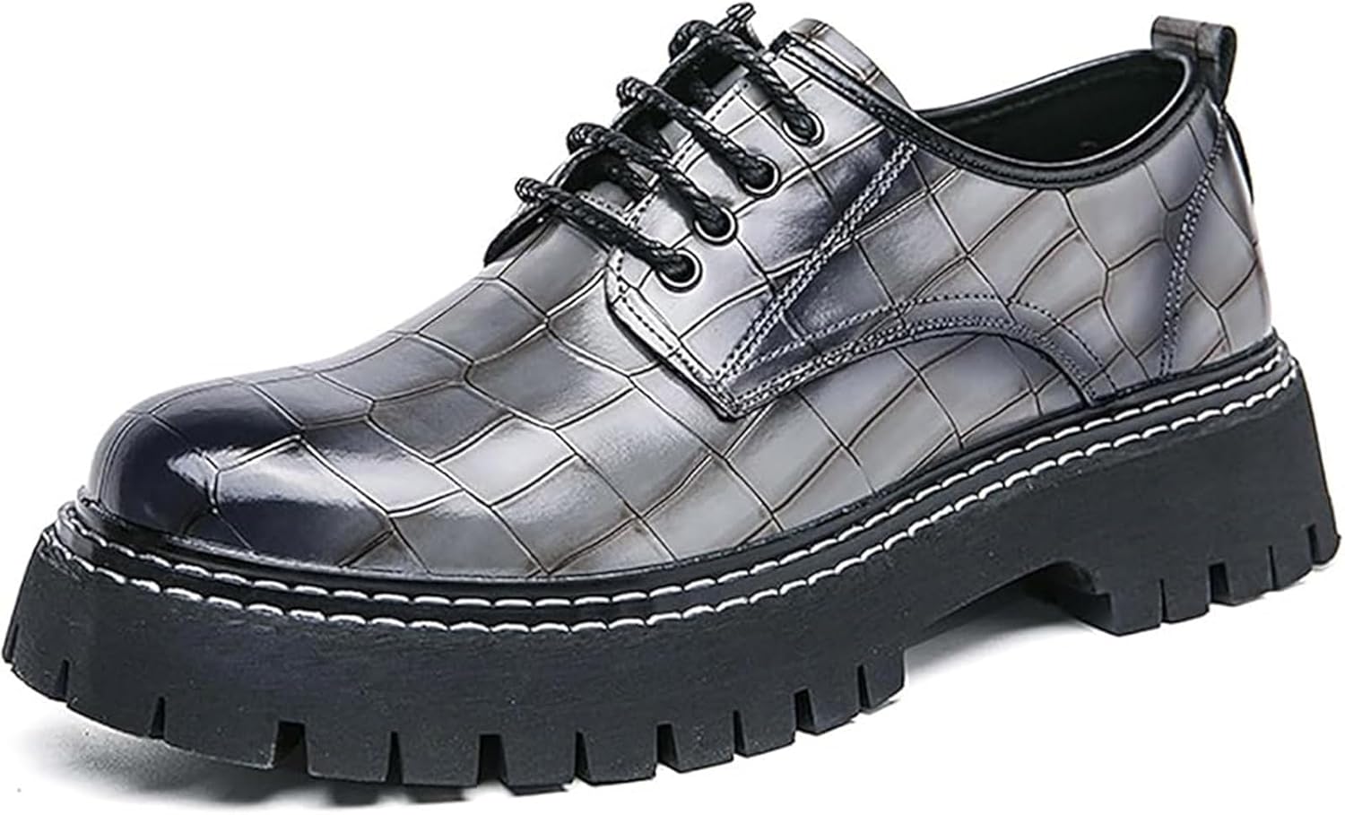 

Мужские оксфорды с шнуровкой с принтом, модные кожаные лоферы с рифленой подошвой, классический округлый носок, удобные туфли на каждый день и для формальных мероприятий Xinduoyu, серый