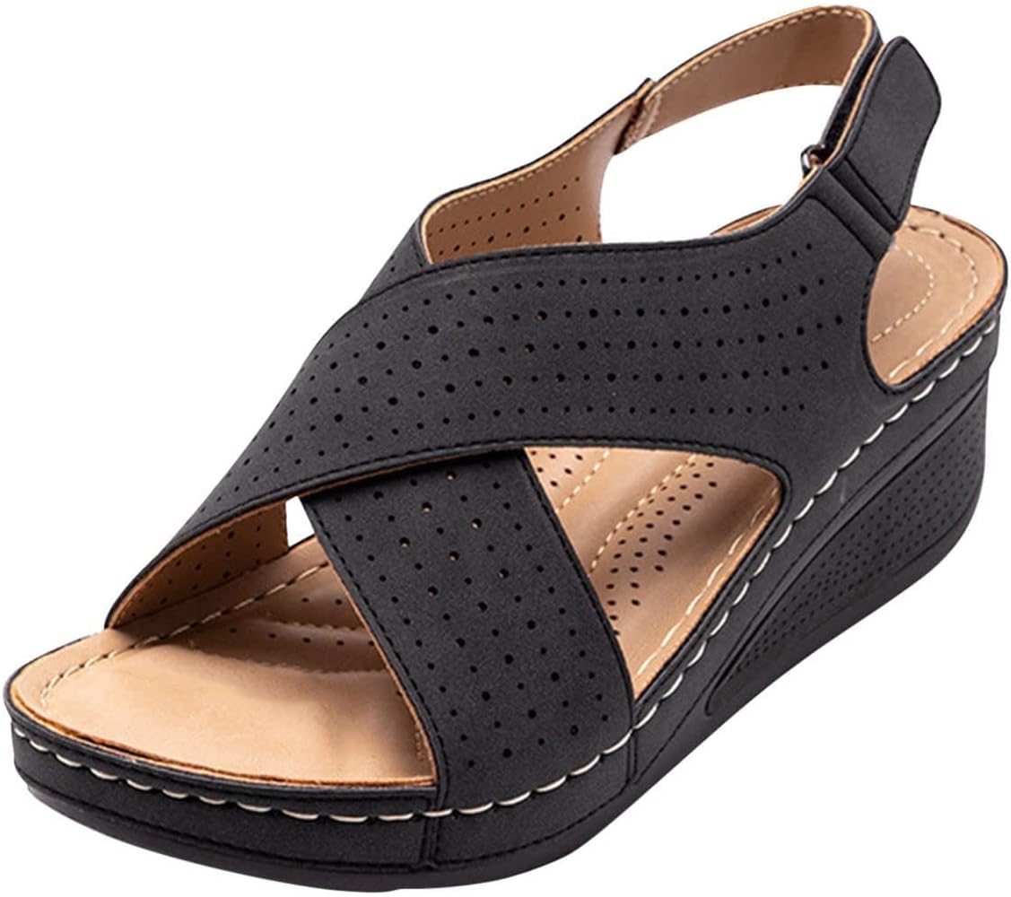 

Женские ортопедические сандалии на танкетке, летние сандалии с открытым носком, вырезами и перекрестными ремешками, удобные сандалии на липучке с поддержкой свода стопы Generic, черный