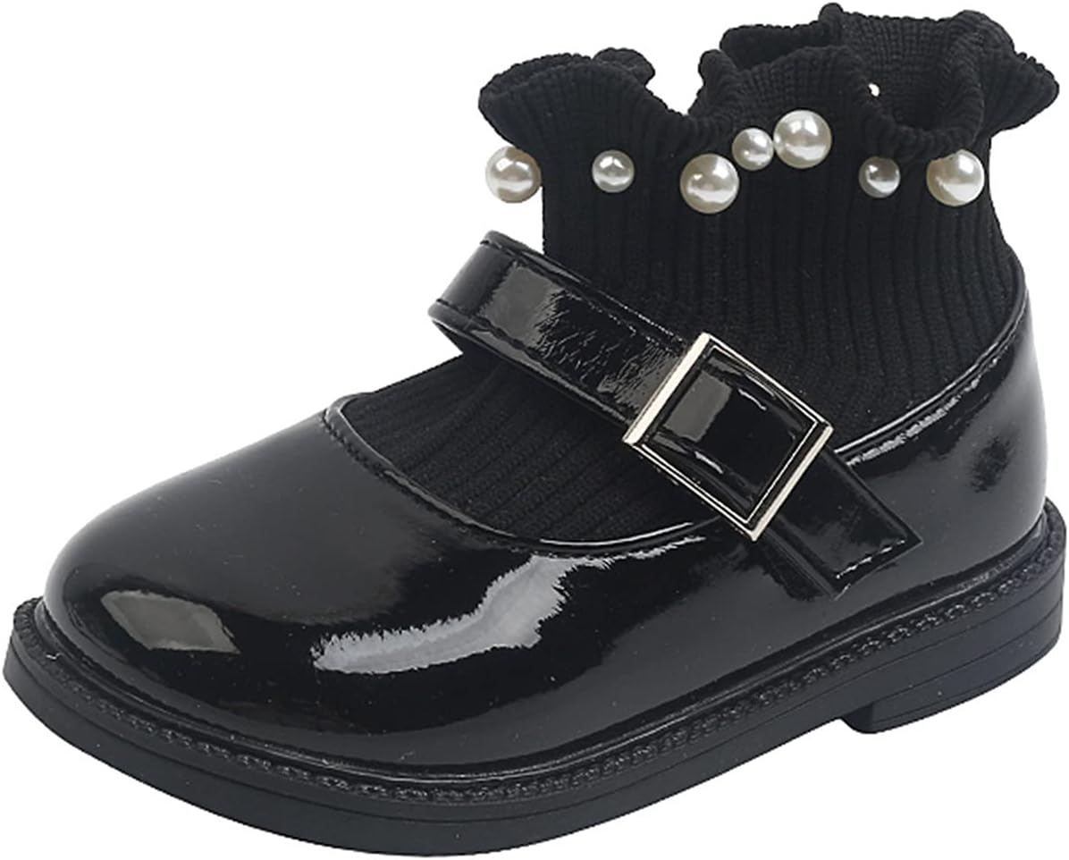 

Детские ботинки для девочек на осень и зиму, вязаные носки, ботильоны с жемчугом и рюшами, принцесские кожаные ботиночки Tuhao88, #02Black