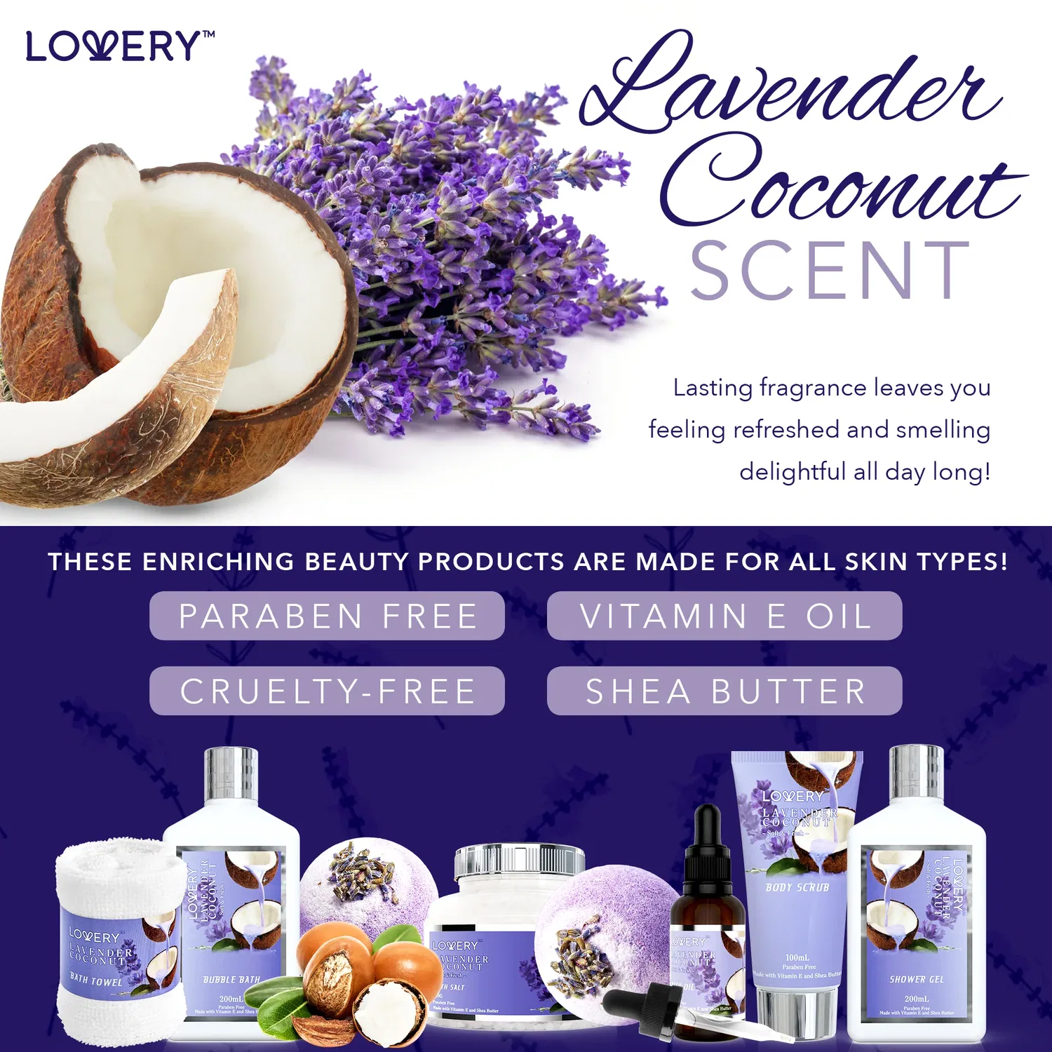 Подарочный набор для домашнего спа-салона Lovery Home Spa - Лаванда и кокос - Корзинка ручной работы с жемчугом - 9 предметов, фиолетовый — фото 4