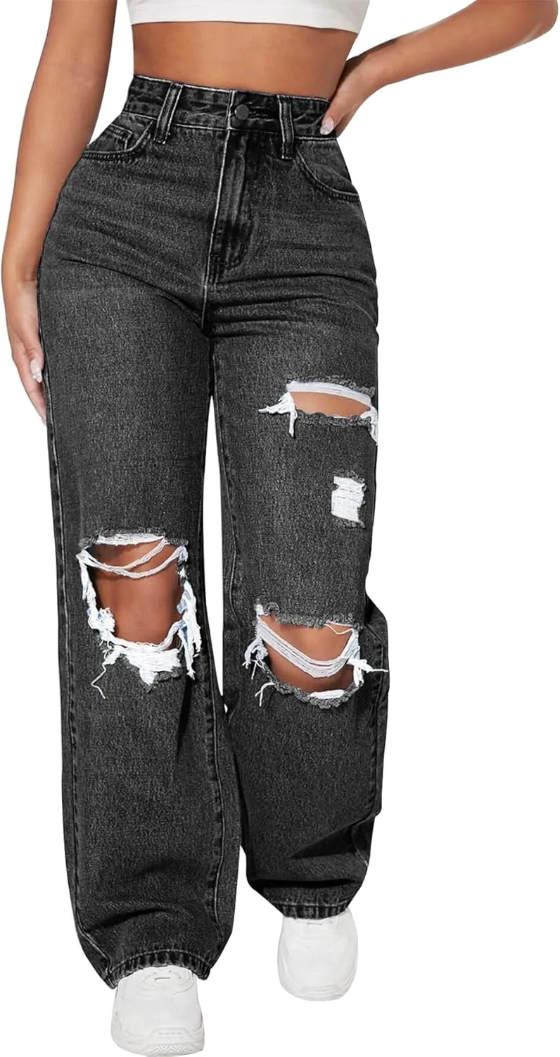 

Женские рваные джинсы distressed high waisted straight wide leg Lymeral