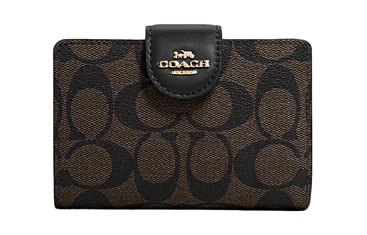 

COACH Сумка-клатч на запястье из парусины с угловой молнией и кожей, женский кошелек для маджонга, среднего размера, темно-коричневый/черный