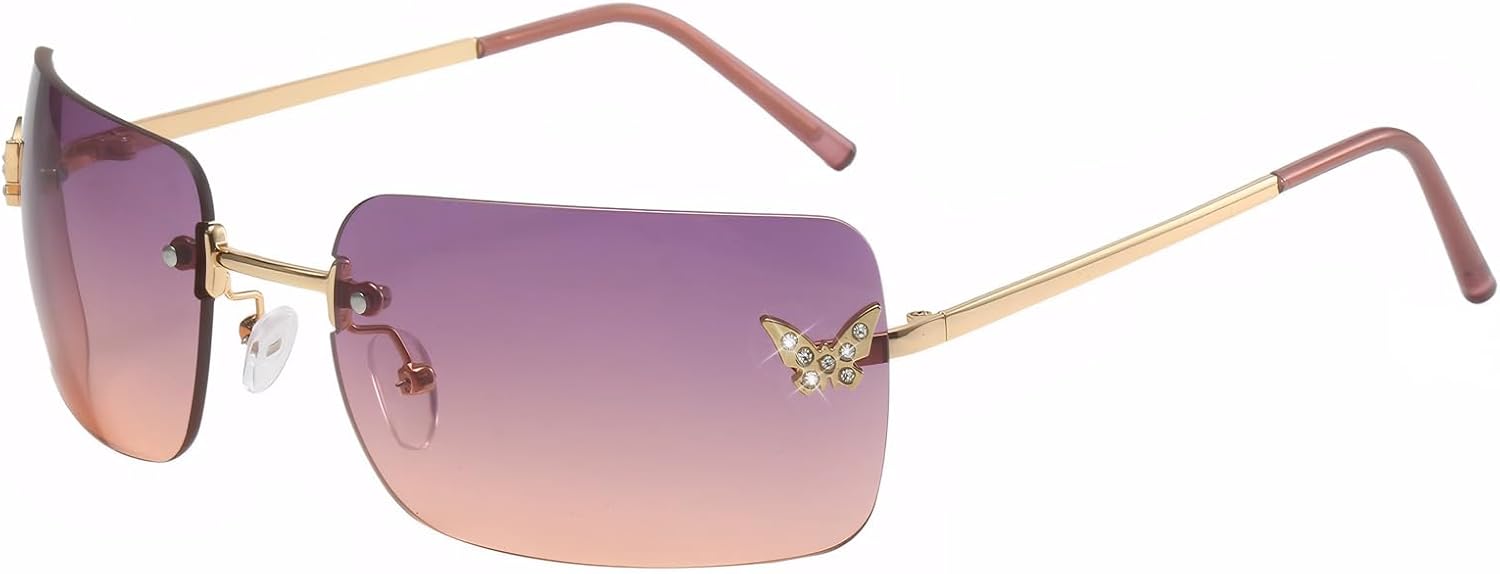 

Прямоугольные солнцезащитные очки Y2k для женщин, милые, без оправы, с прозрачными тонированными линзами, в стиле 2000-х, модные очки-бабочки Ehoomely, Gradient Purple Pink