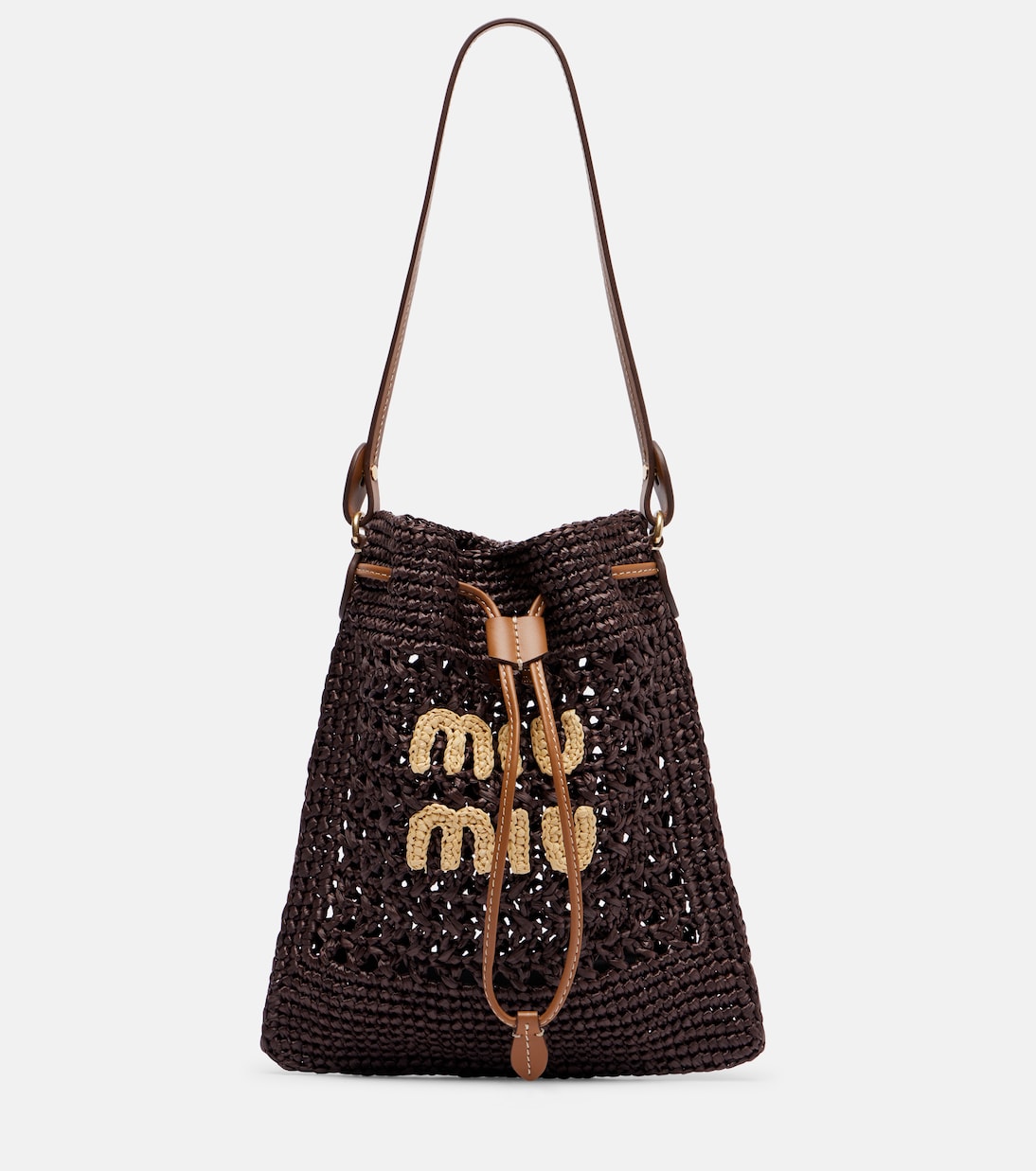 

Мини лого сумка-ведро с эффектом рафии Miu Miu, Cacao+Naturale