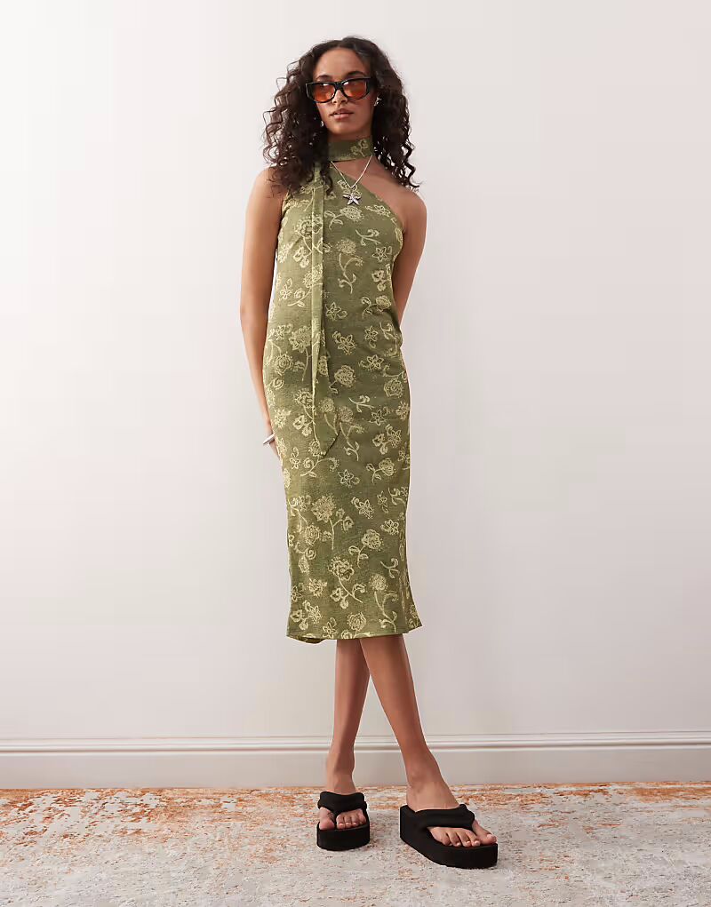 

Платье миди на одно плечо с шарфом в зеленом принте Reclaimed Vintage