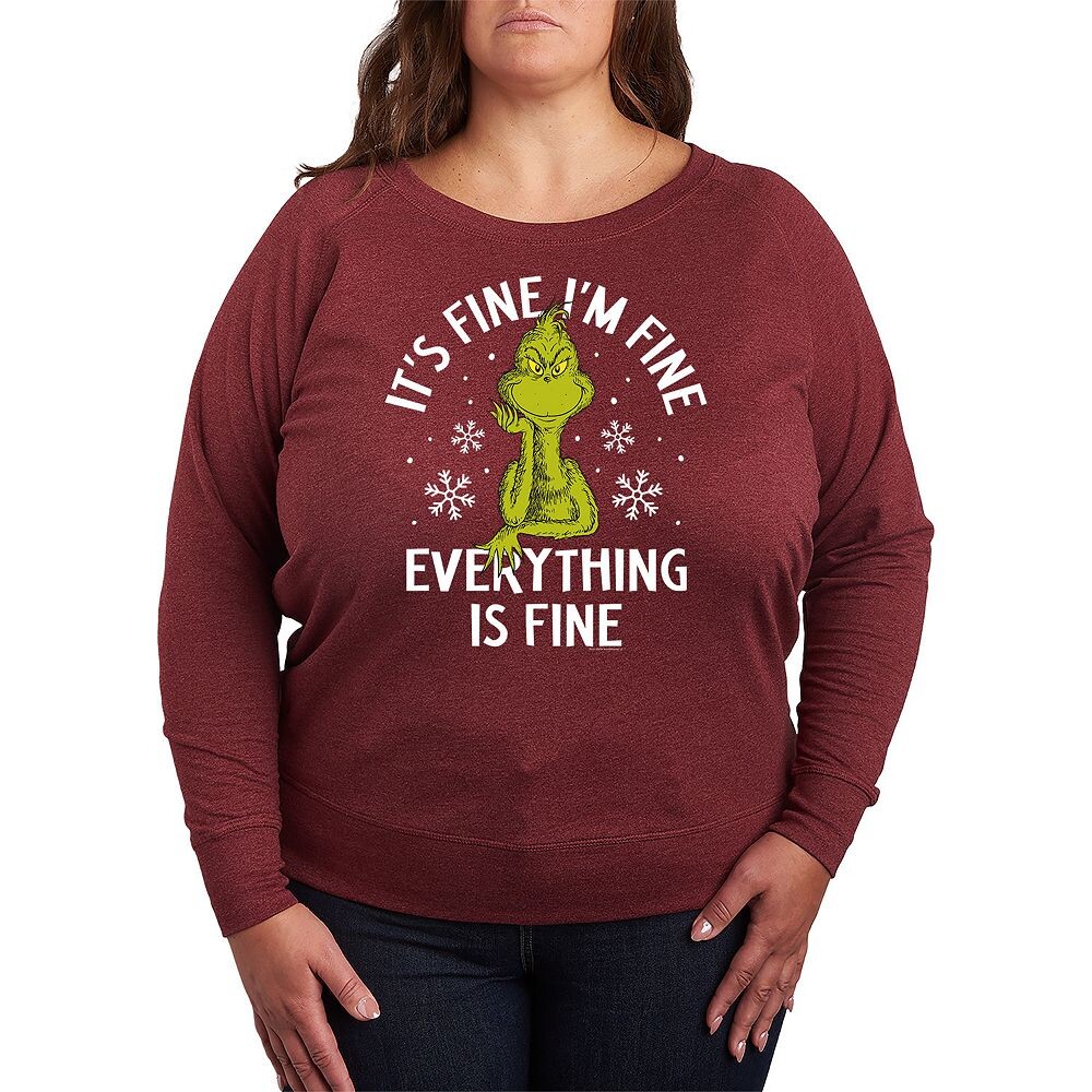 

Легкий свитшот из френч-терри размера плюс Dr. Seuss Grinch It's Fine I'm Fine Licensed Character, цвет Heather Dark Red