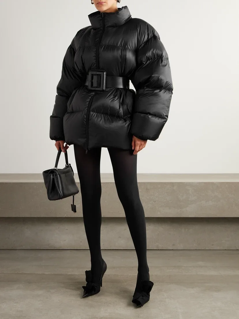 Стеганая пуховая куртка из нейлона с поясом Hourglass BALENCIAGA, черный — фото 2