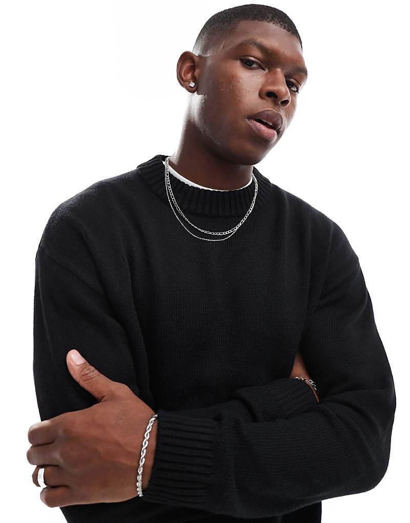 

Черный джемпер объемной вязки в рубчик с круглым вырезом Jack & Jones