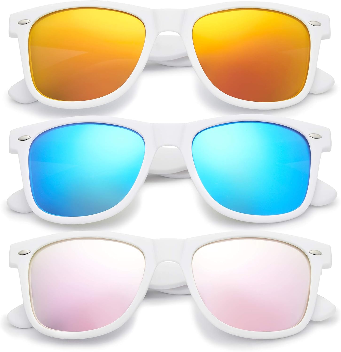 

Ретро-очки Rewind Classic с поляризацией, для мужчин и женщин, защита от ультрафиолета UV400, стильные и модные, унисекс Retro Rewind, 3-pack White: Mirror Orange + Mirror Ice Blue + Mirror Rose Gold