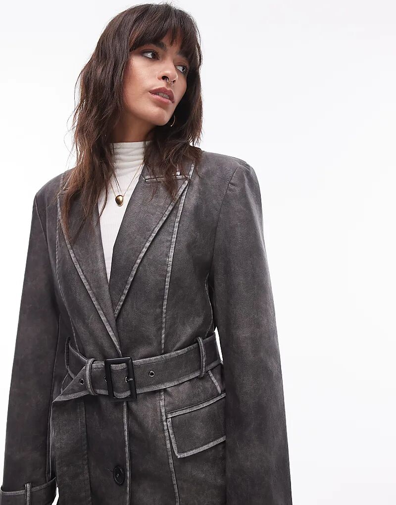 

Плащ из искусственной кожи с поясом, вымытый черный Topshop