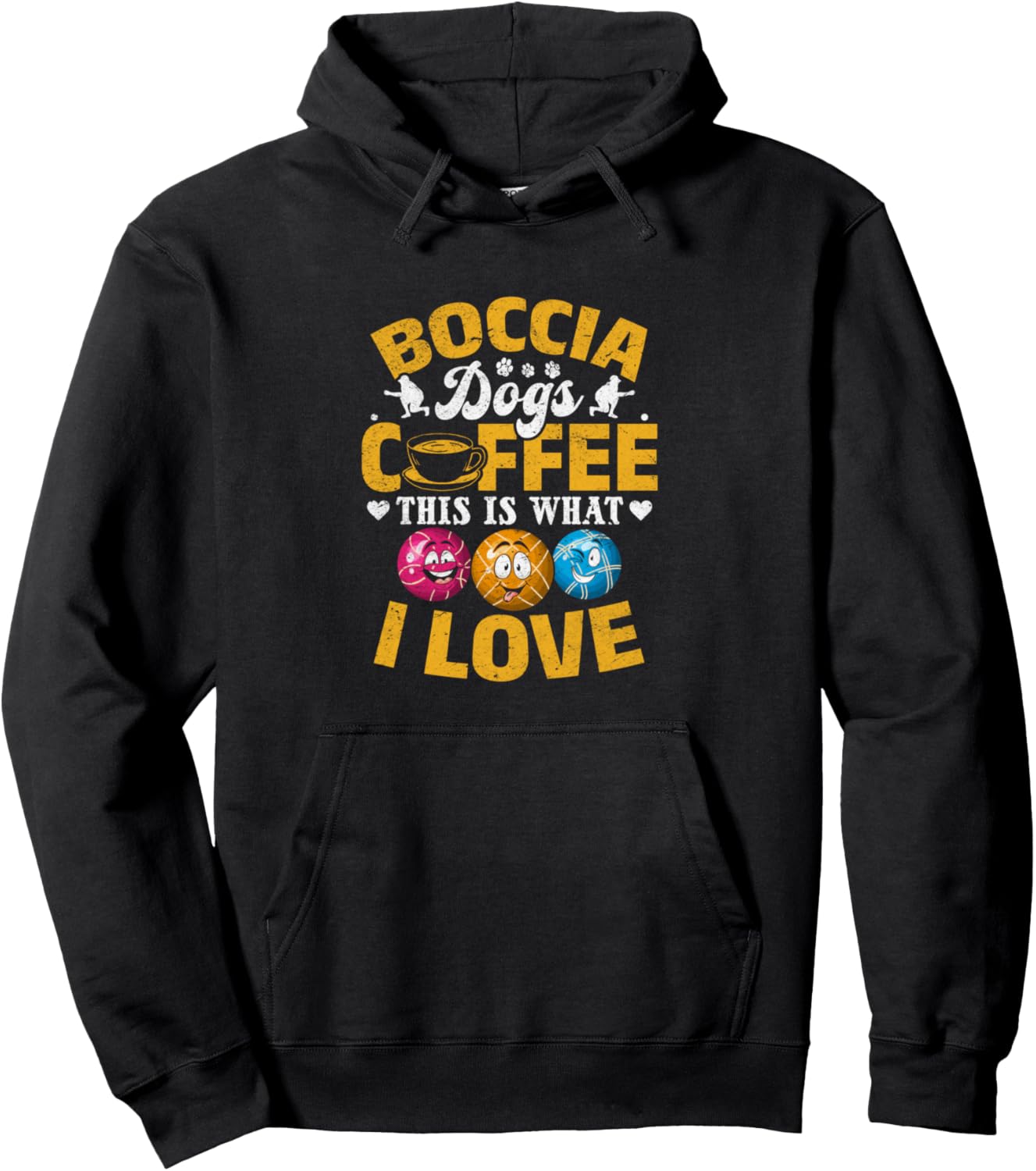 

Бочча, собаки, кофе, вот что я люблю, худи игрока в бочче Bocce Ball Player & Dog Lover Boccia Player, черный