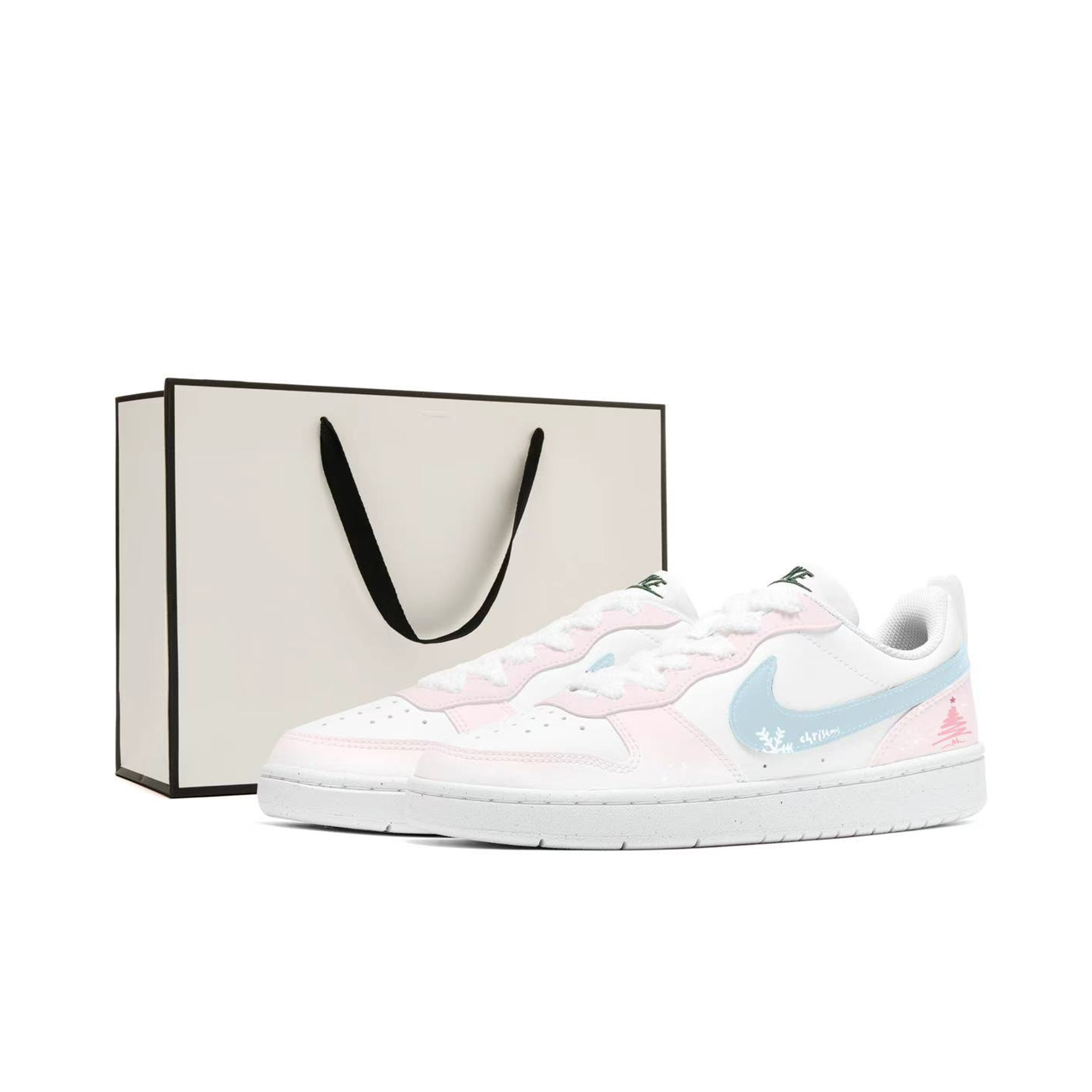 

Nike Court borough blue pink christmas нескользящие устойчивые к истиранию низкие кроссовки для скейтбординга pink blue kids'