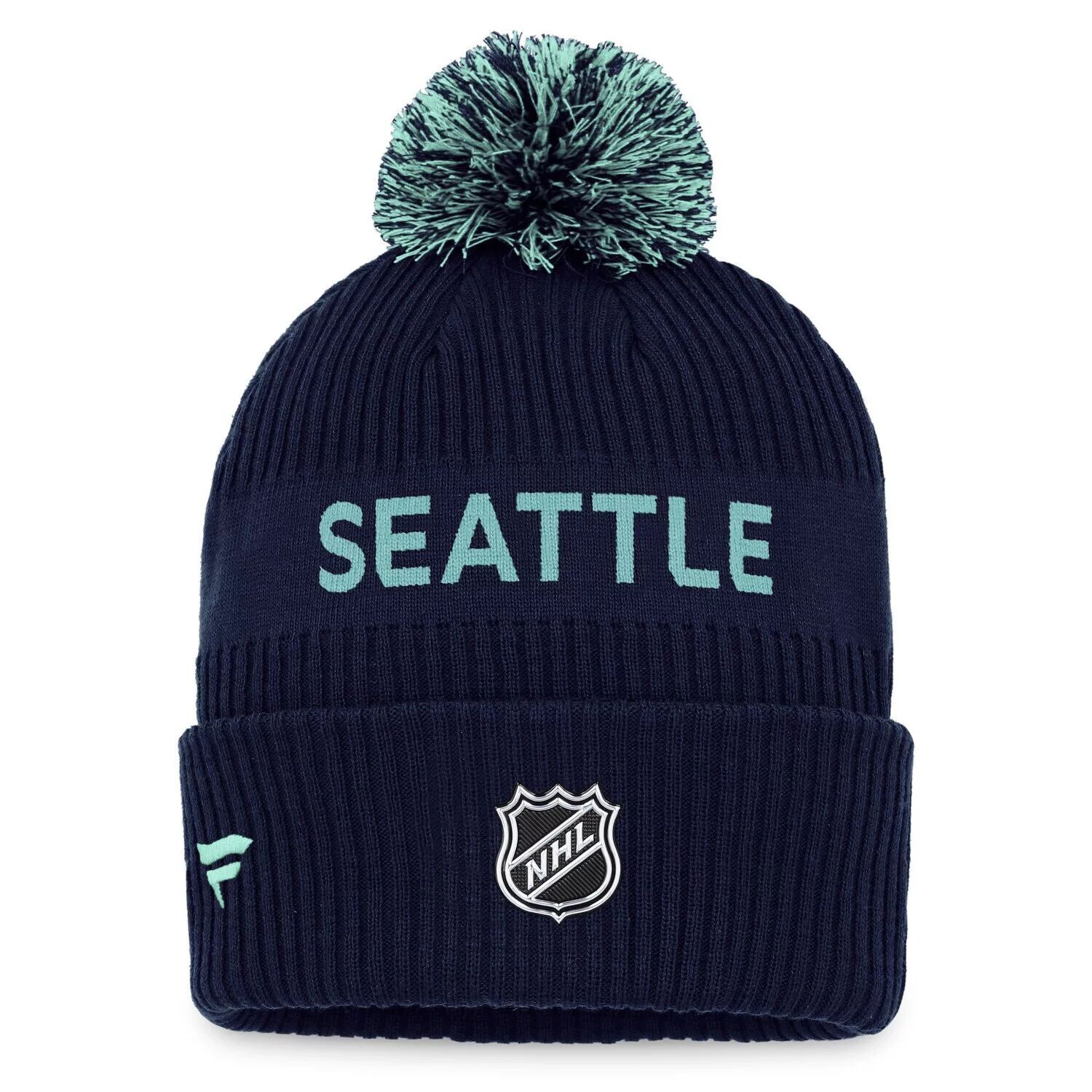 Мужская брендовая вязаная шапка Fanatics Deep Sea Blue/Light Blue Seattle Kraken 2022 NHL Draft Authentic Pro с манжетами и помпоном — фото 2