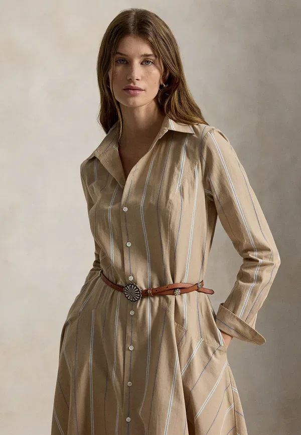 Платье-рубашка из хлопка с полосками Polo Ralph Lauren, бежево-кремовый