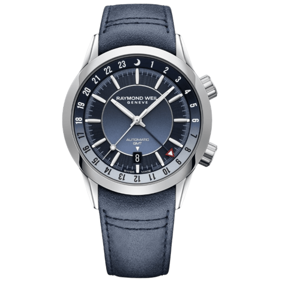 

Часы мужские Raymond Weil Freelancer Automatic GMT с синим циферблатом и кожаным ремешком 2761-STC-50001