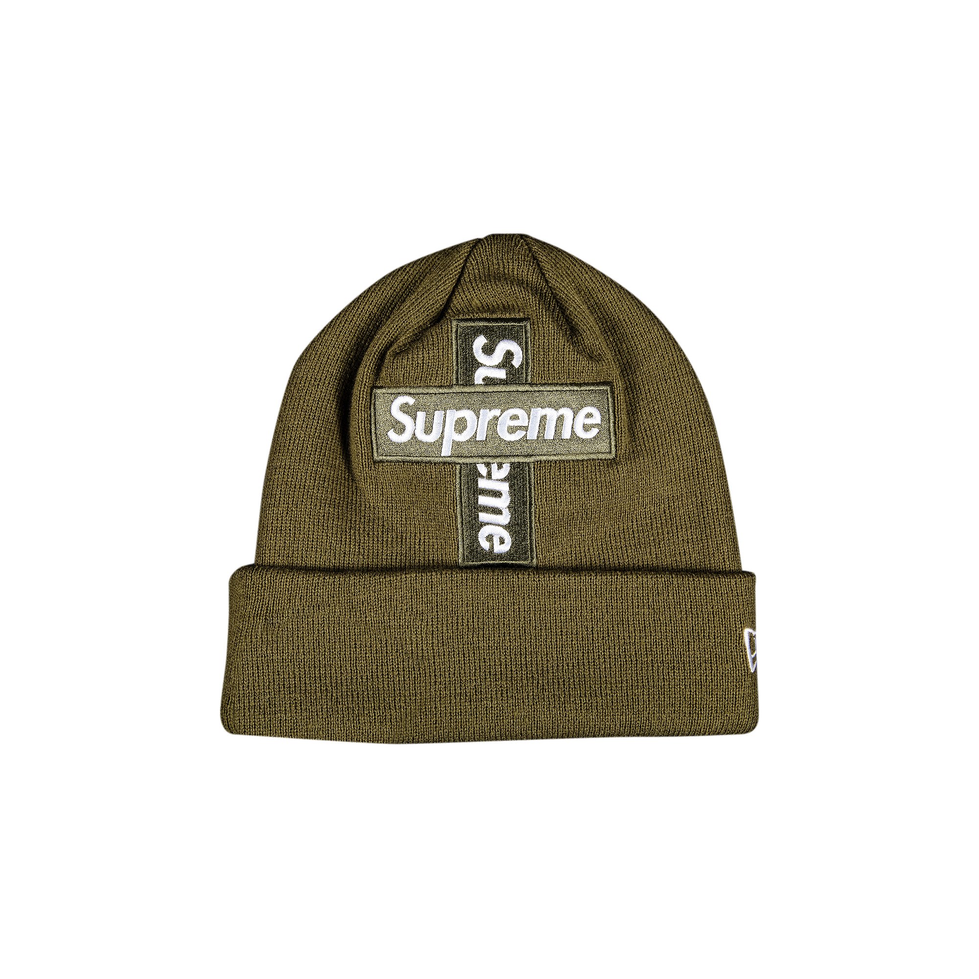 

Шапка-бини Supreme x New Era Cross Box Logo, цвет Светло-оливковый