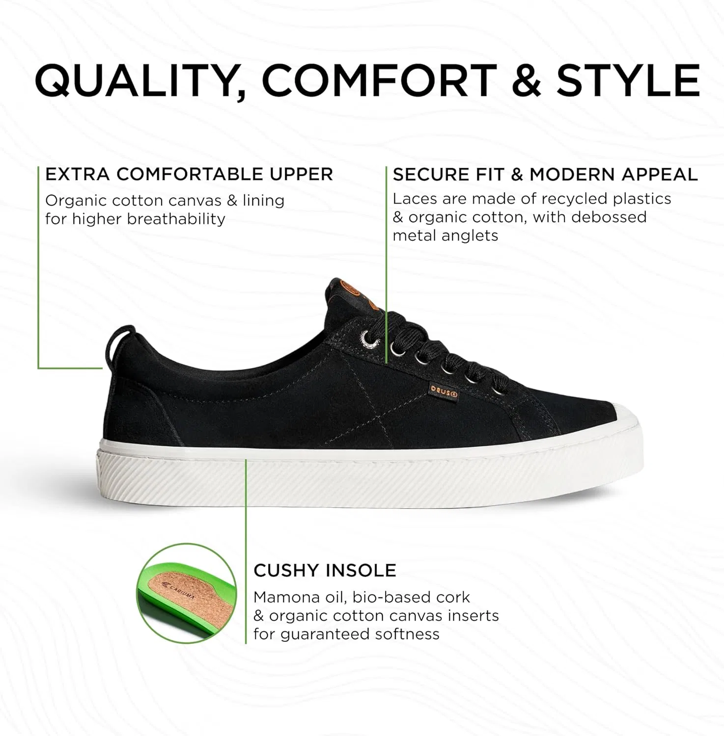 Кроссовки Cariuma OCA Low Suede, удобная мужская обувь, легкая и экологичная, универсальная повседневная обувь со 100% веганской стелькой, резиновая подошва, Deus Black — фото 2