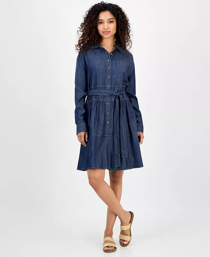 

Женское платье-рубашка с поясом из шамбре Nautica Jeans, синий