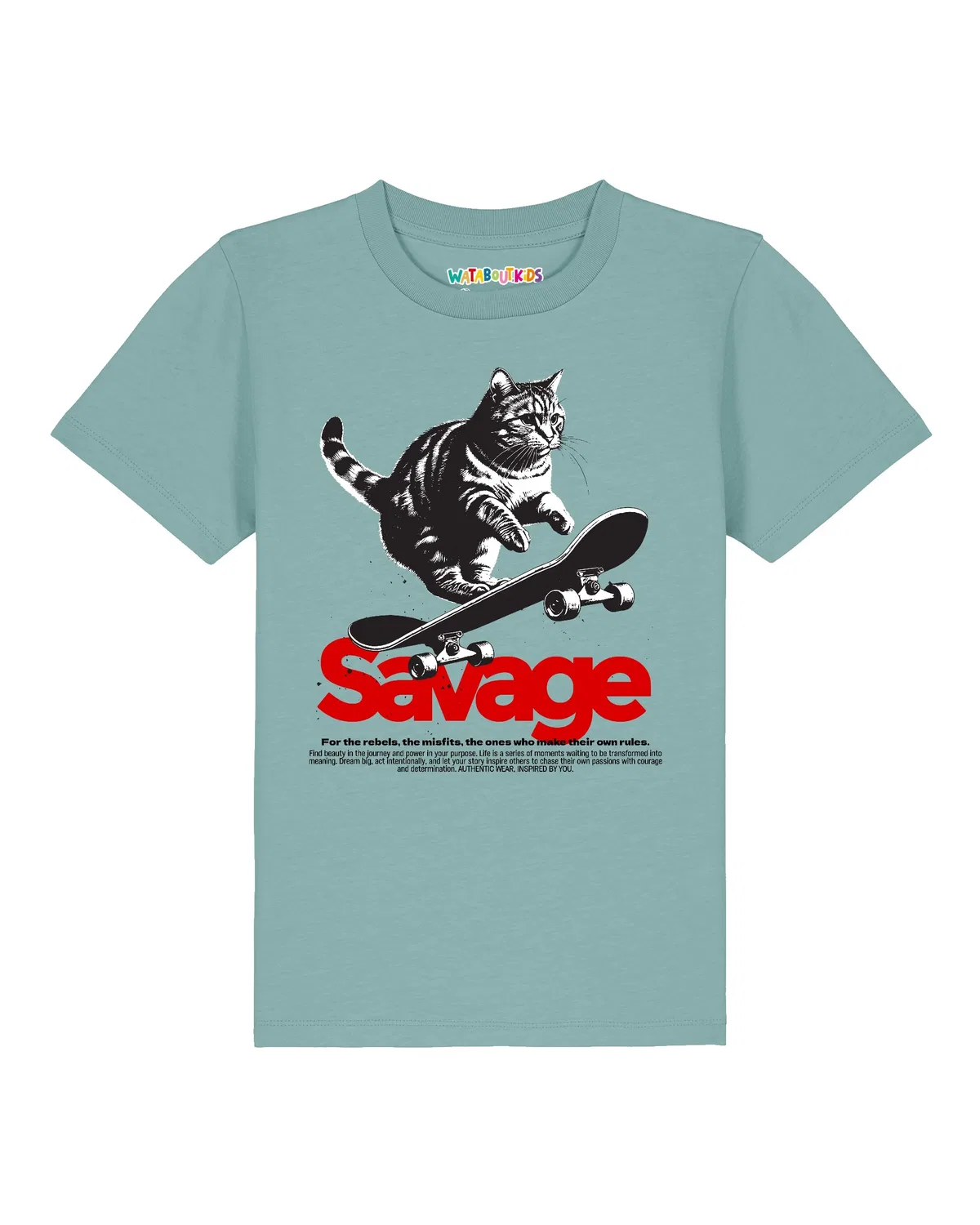 Футболка детская с принтом Savage Cat, Wat? Apparel, teal monstera — фото 2