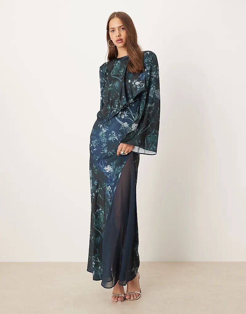 

Платье макси из атласа ASOS DESIGN с длинными рукавами и накидкой, темно-синего цвета с цветочным принтом