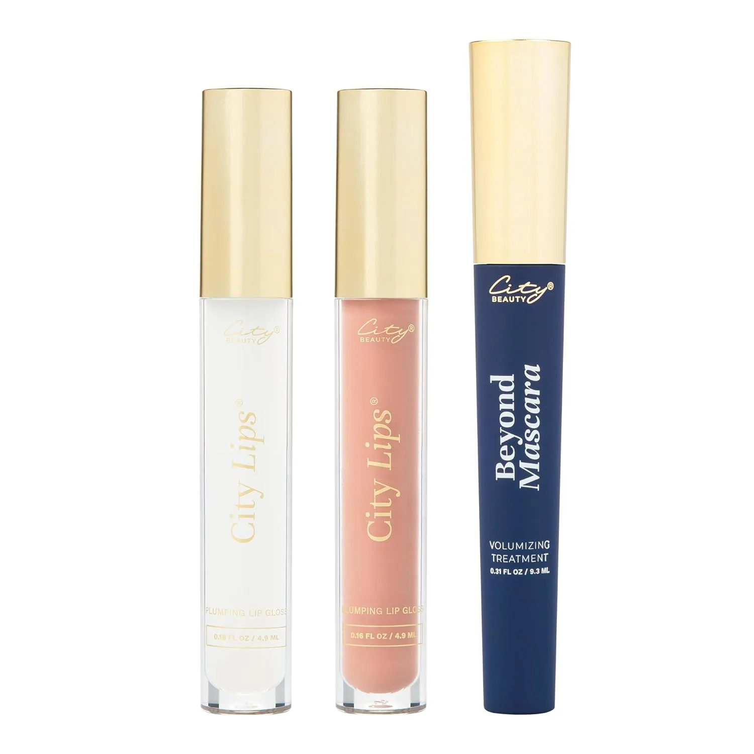 City Beauty Lips & Lash: City Lips Clear 0.16oz, City Lips Pink Nude 0.16oz, Beyond Mascara 0.31oz - Увлажняющий блеск для губ и тушь для объема, Pink