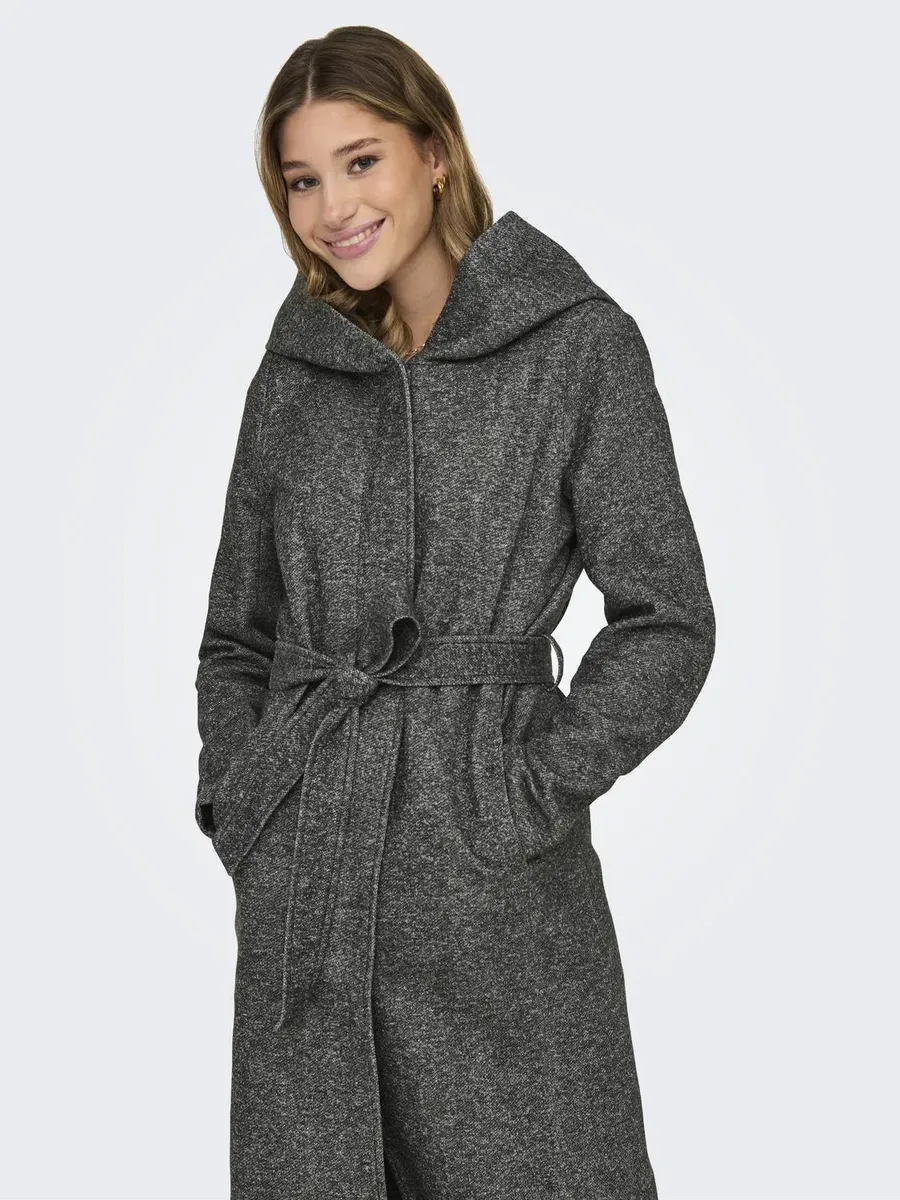 

Only длинное пальто "ONLSEDONA LIGHT LONG BELT COAT OTW", с большим капюшоном, серый
