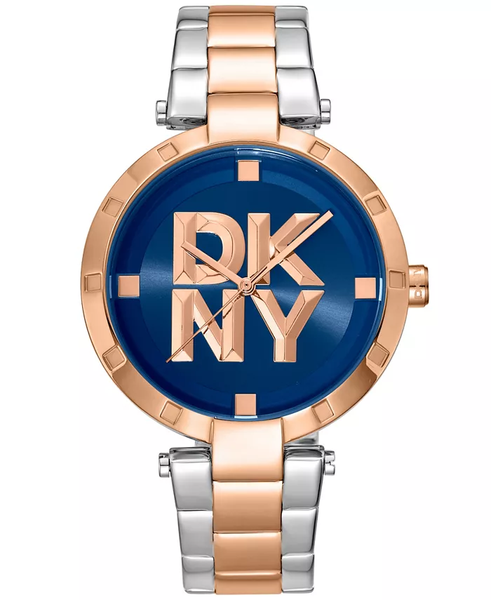 

Женские часы Essential Logo с темно-синим циферблатом, красным золотом и двухцветным браслетом из нержавеющей стали, 38 мм DKNY