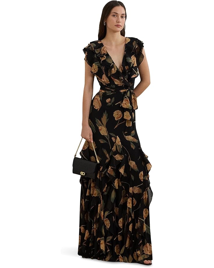 

Платье Lauren Ralph Lauren Floral Ruffle Trim Georgette Gown, цвет Black Multi