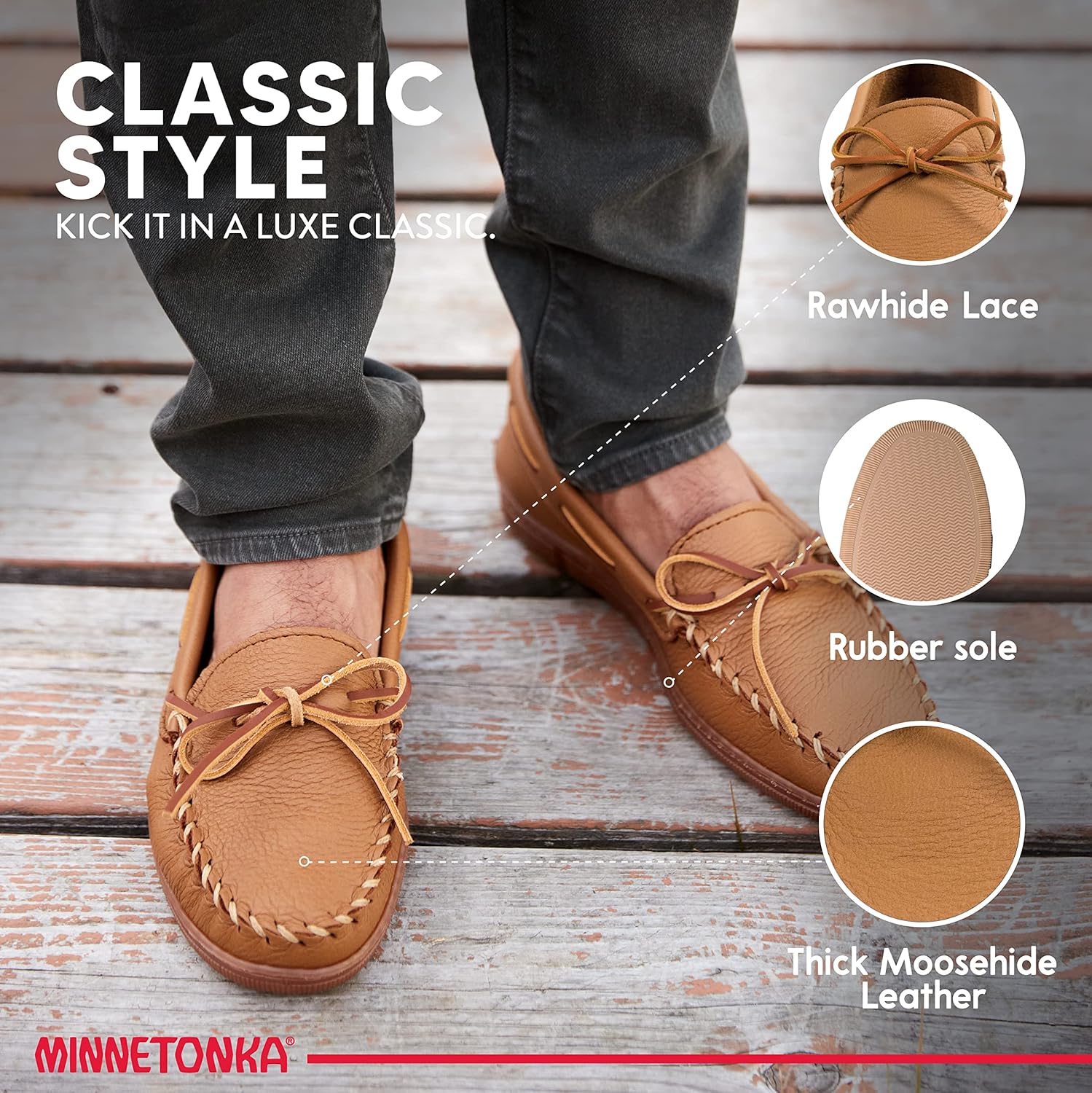 Мокасины Minnetonka для мужчин из оленьей кожи Moosehide, черный — фото 3