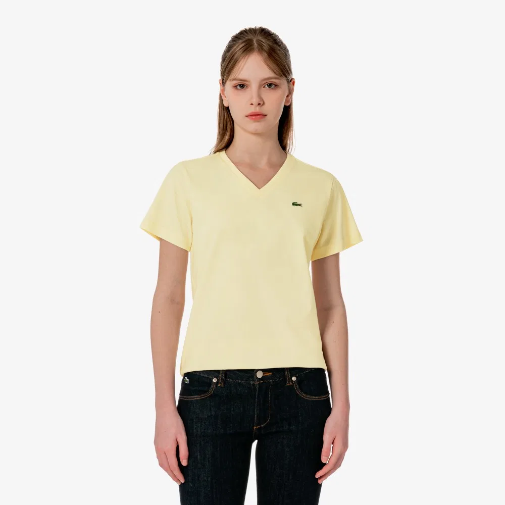 Футболка Lacoste базовая с V-образным вырезом, айвори — фото 4