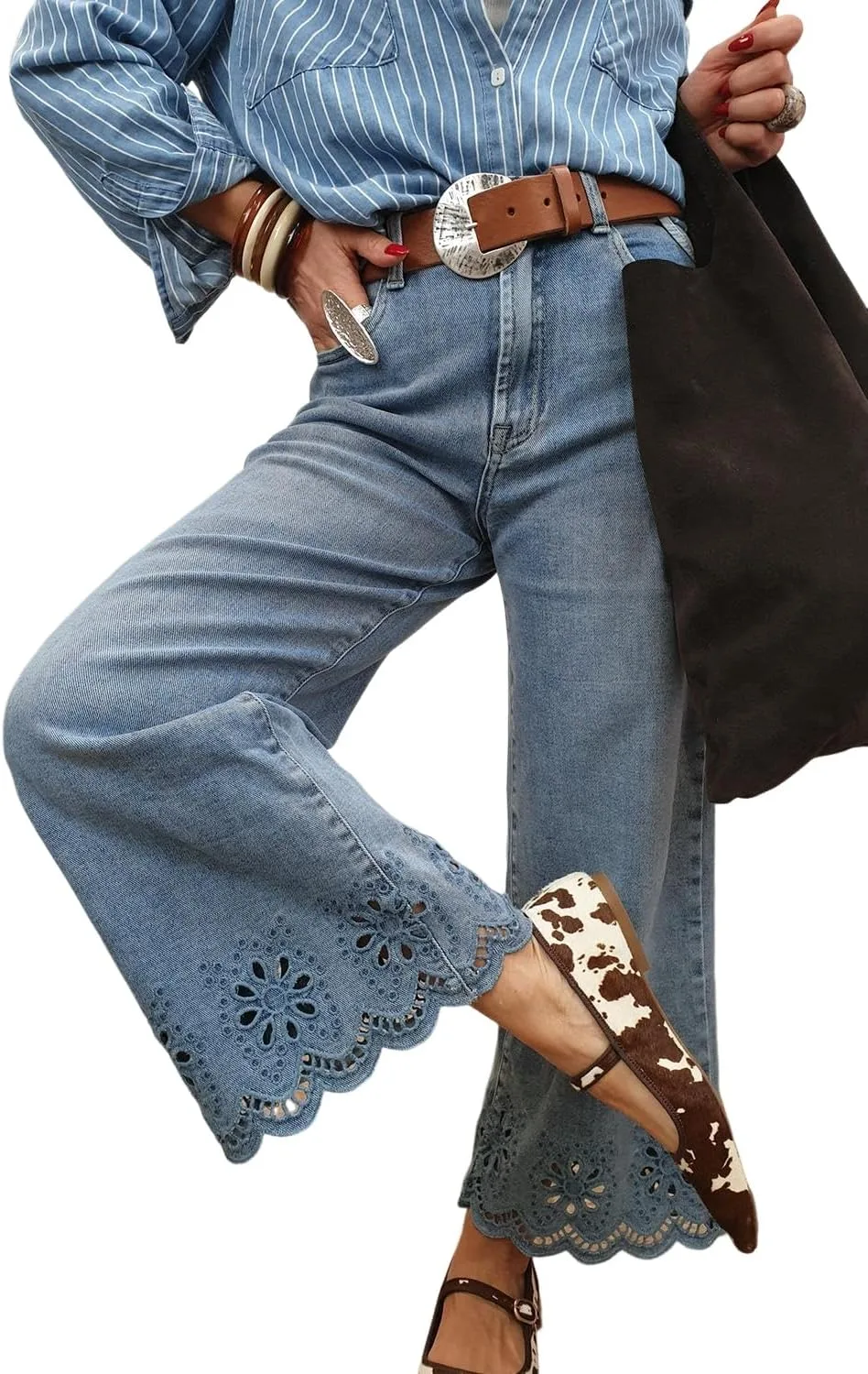 

SELINK Casual джинсы с высокой талией для женщин, вышитые укороченные широкие