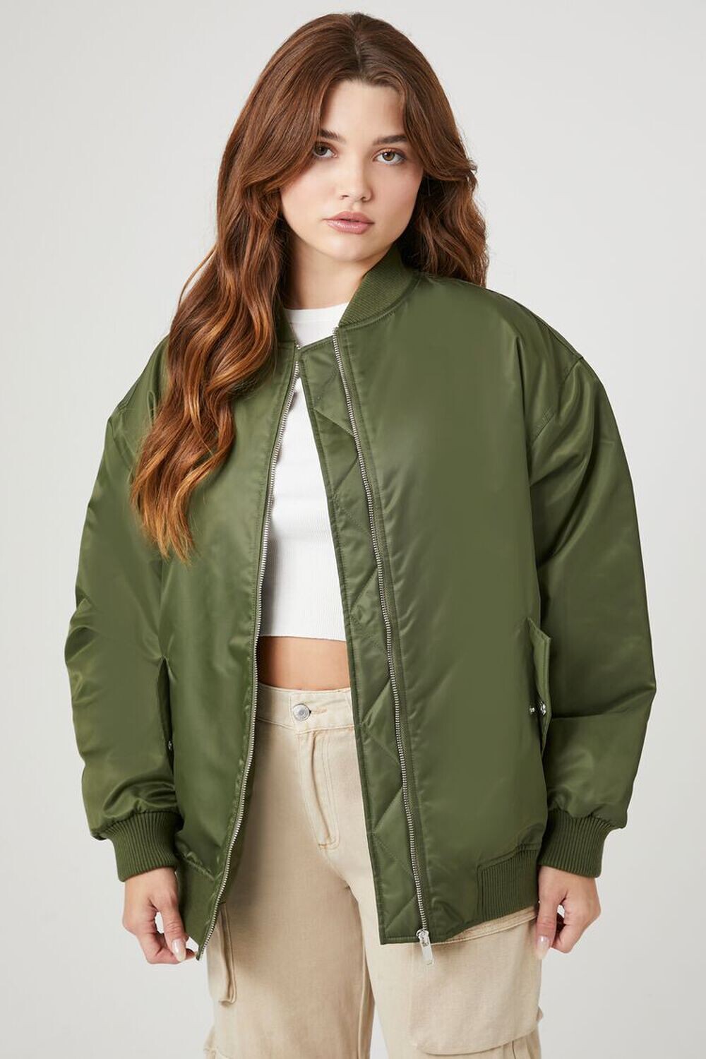 

Бомбер на молнии Forever 21, оливковый, Зеленый, Бомбер на молнии Forever 21, оливковый