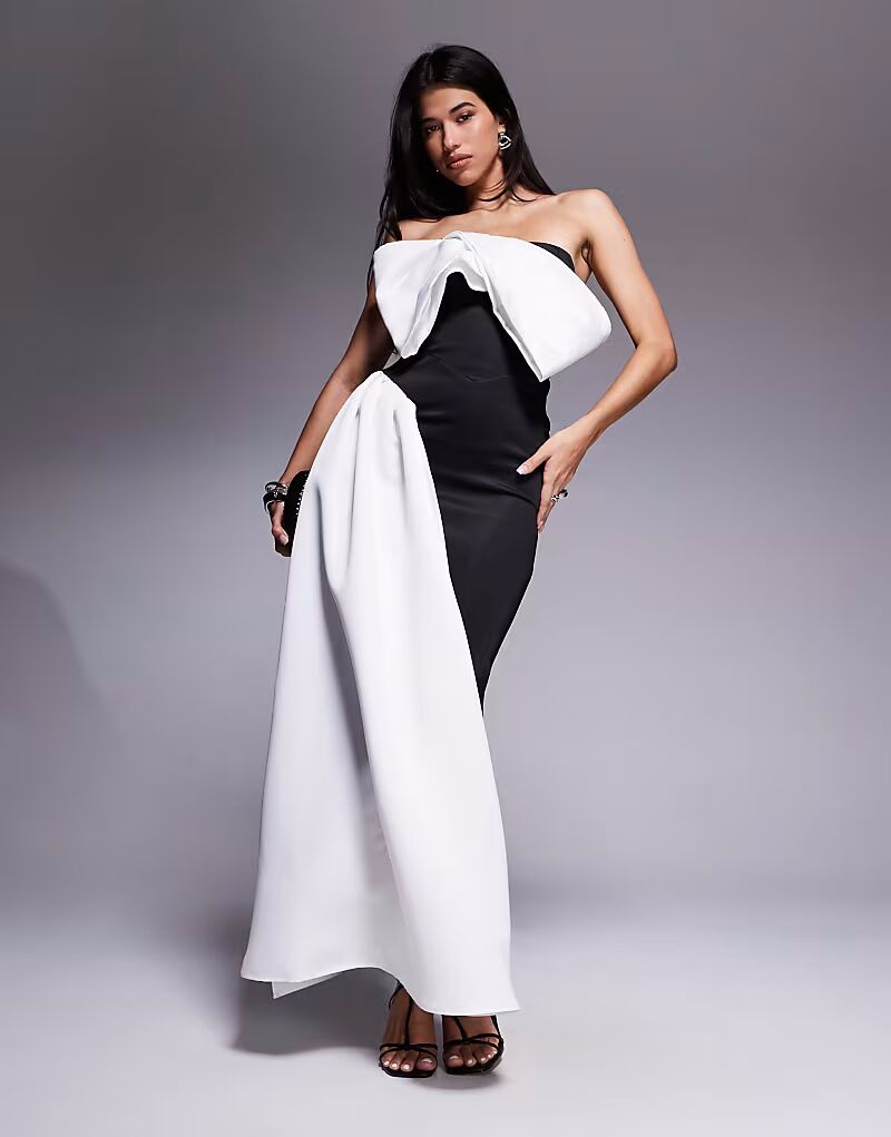 

Платье макси Premium с отворотом и контрастным поясом из черной ткани в стиле «скуба» Asos Design