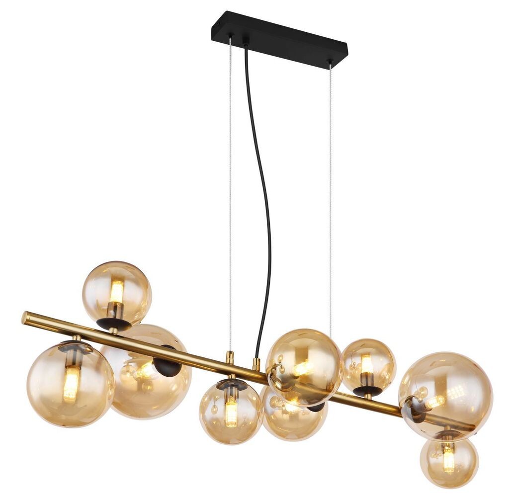 

[T] Подвесной светильник Globo Lighting металлический черный матовый, металлическая латунь матовая, стекло янтарное, кабель ПВХ черный, ДxШxВ: 866x360x1200 мм, 4 стекла DM: 10 см, 3 стекла DM: 12 см, 2 стекла DM: 15 см, вкл. Вт 230 В, источник 3...