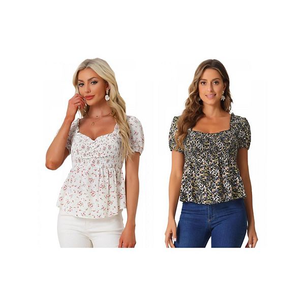 

2 упаковки пышной блузки с коротким рукавом и цветочным принтом для женщин, с декольте sweetheart, сборками и рюшами Inspire Chic, White Black