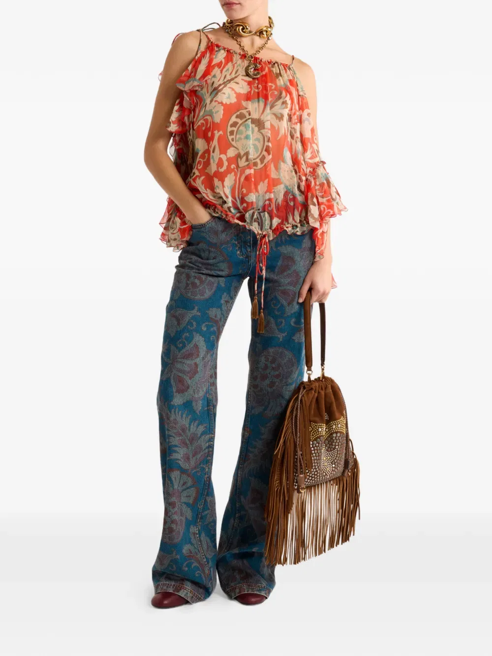 Топ с одним рукавом и цветочным декором Etro, красный — фото 2