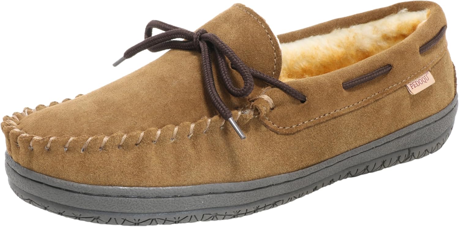 

Мужские мокасины PEDOQU с завязками, верх из натуральной кожи, стелька с эффектом памяти, теплые домашние тапочки, дышащие лоферы для дома и улицы, ширина D, Taupe