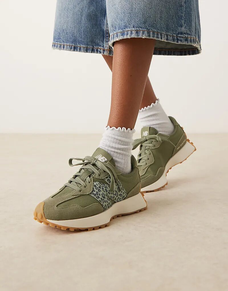 Кроссовки New Balance 327 оливкового цвета с леопардовым принтом