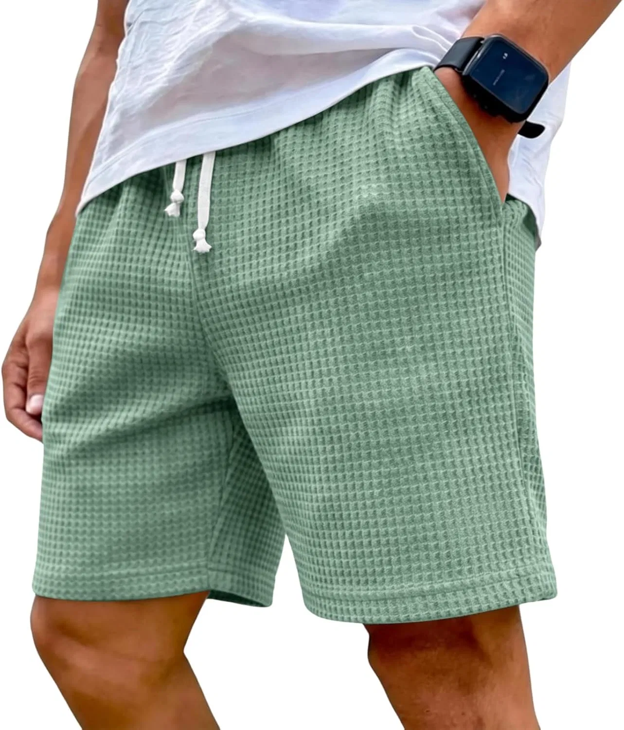Шорты Active вафельные, легкие, на резинке с завязкой, с карманами, 01-light Green