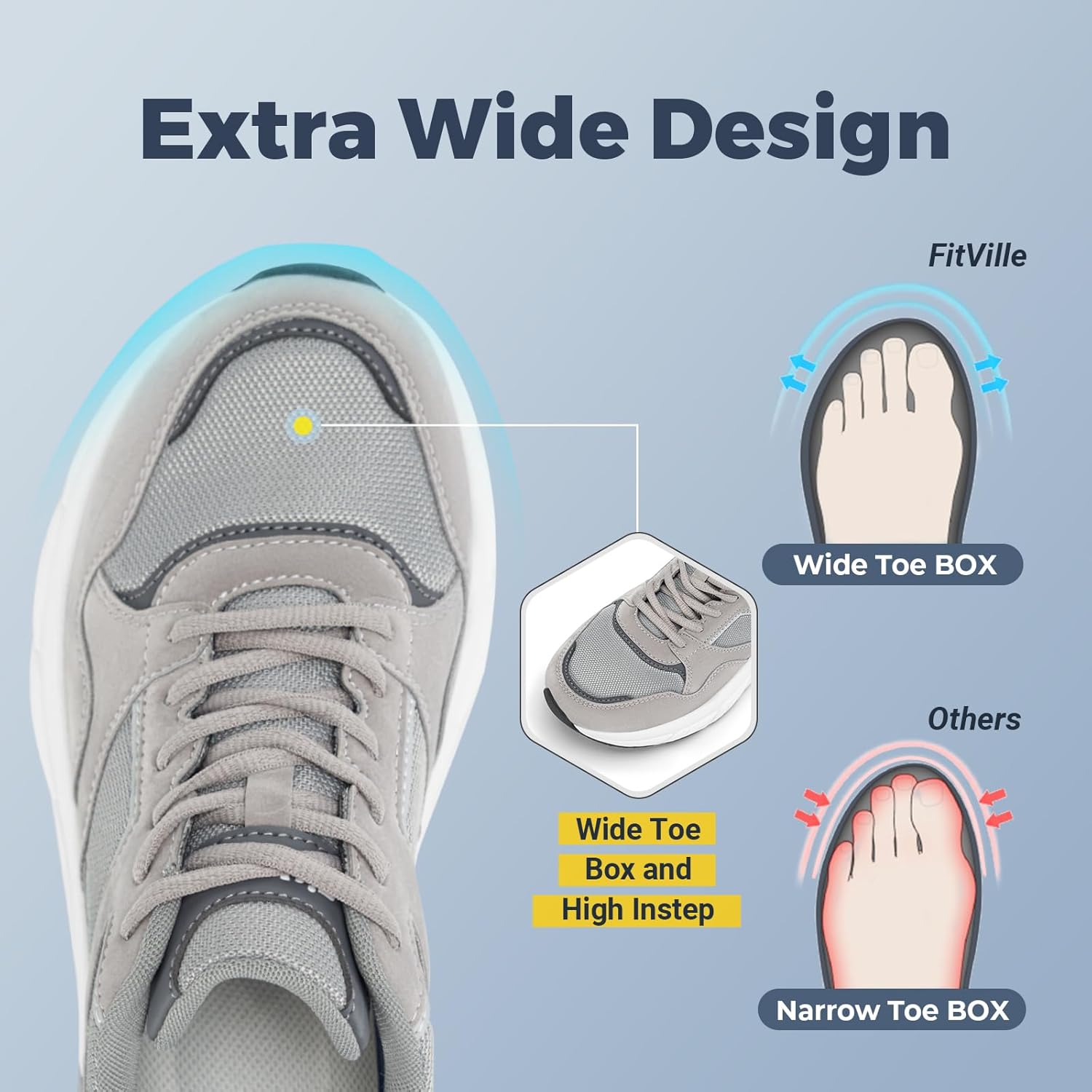 Мужские кроссовки FitVille Extra Wide Walking Shoes с широкой колодкой, поддержкой свода стопы и облегчением боли в пятках при плоскостопии - Rebound NEO V2, серый/угольный — фото 2