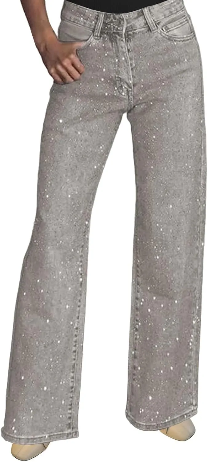 

Женские джинсы с пайетками и стразами, прямые широкие