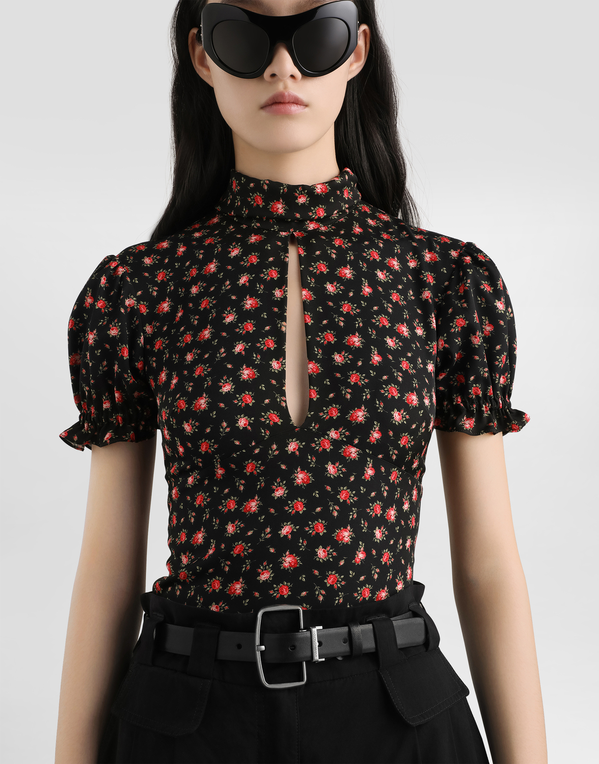 Топ из шелкового шифона с принтом из мелких роз DOLCE & GABBANA, мультиколор — фото 4