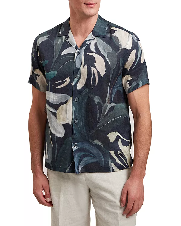 

Рубашка Rognski из льна с коротким рукавом и тропическим цветочным принтом, свободного кроя, на пуговицах. Ted Baker, мультиколор