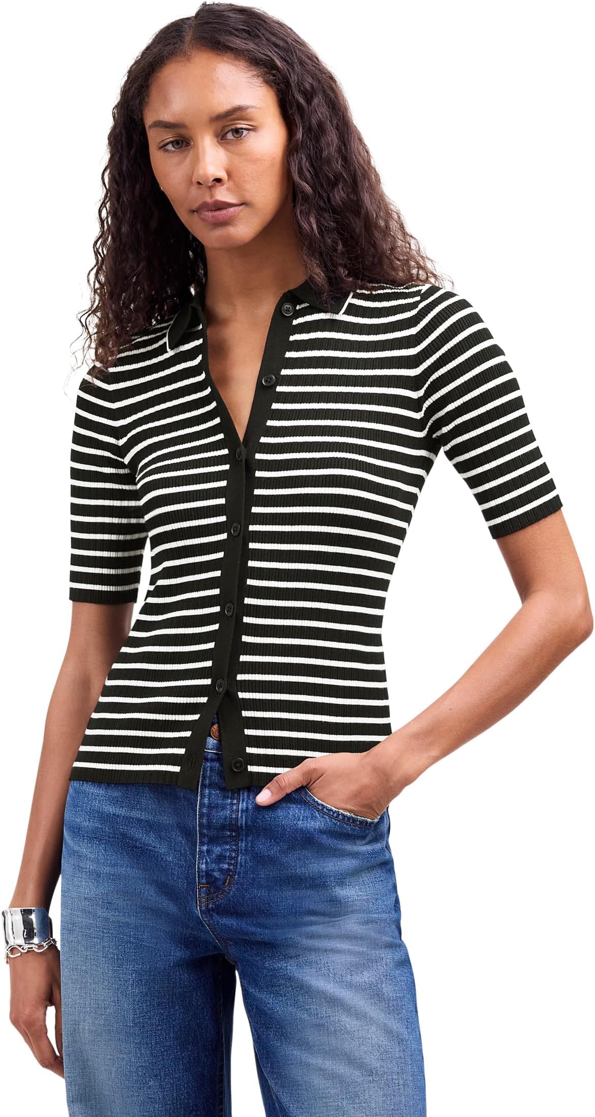 

Свитер Madewell Stripe Antonia Snowy Short Sleeve Polo Tee, цвет Abyss