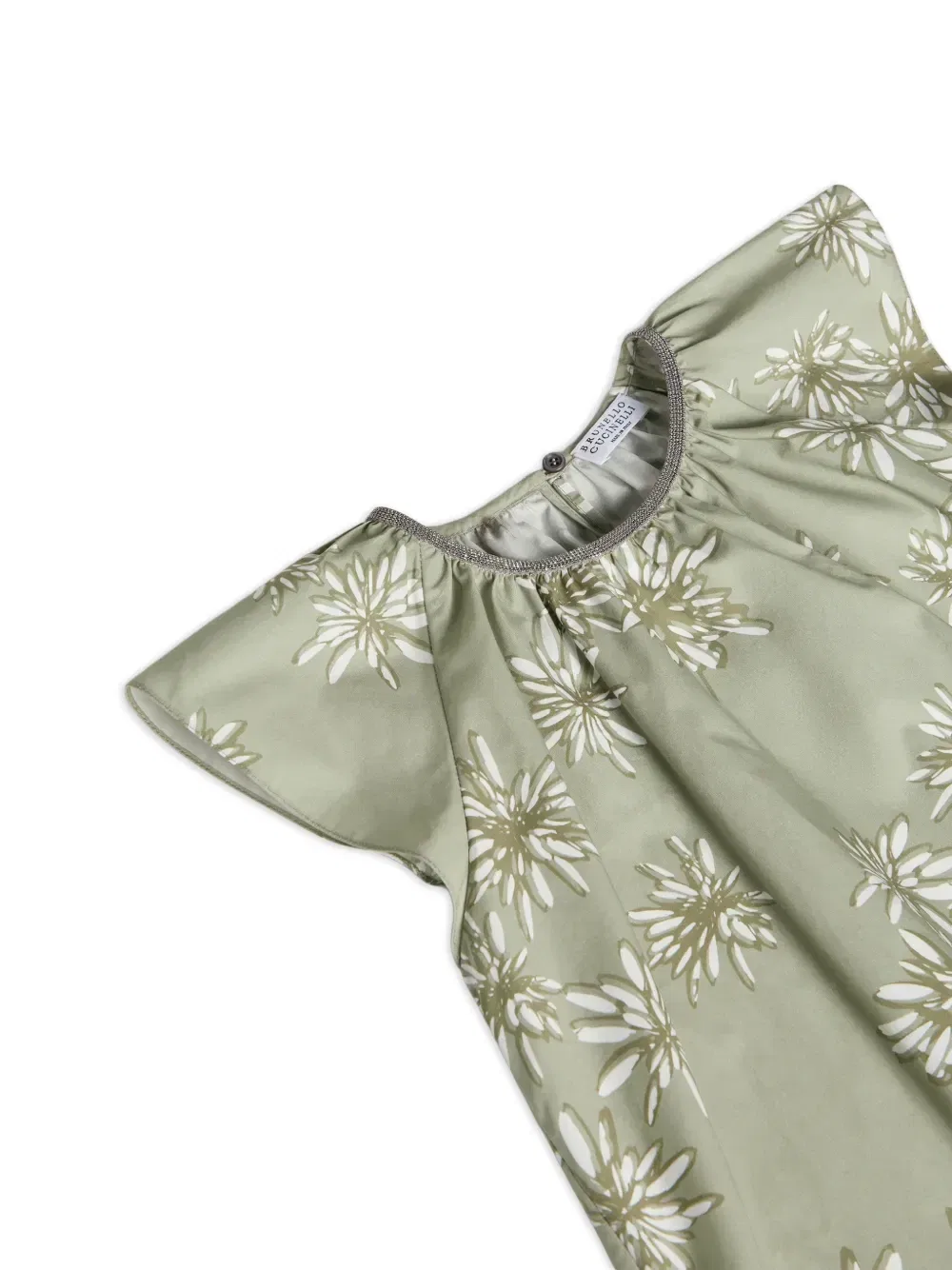 Поплиновый топ с декором Monili Brunello Cucinelli Kids, зеленый — фото 3