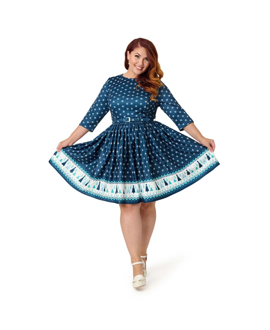 

Женское платье большого размера Stephanie с вырезом-лодочкой и поясом, приталенного силуэта и расклешенной юбки Unique Vintage, Blue winter print