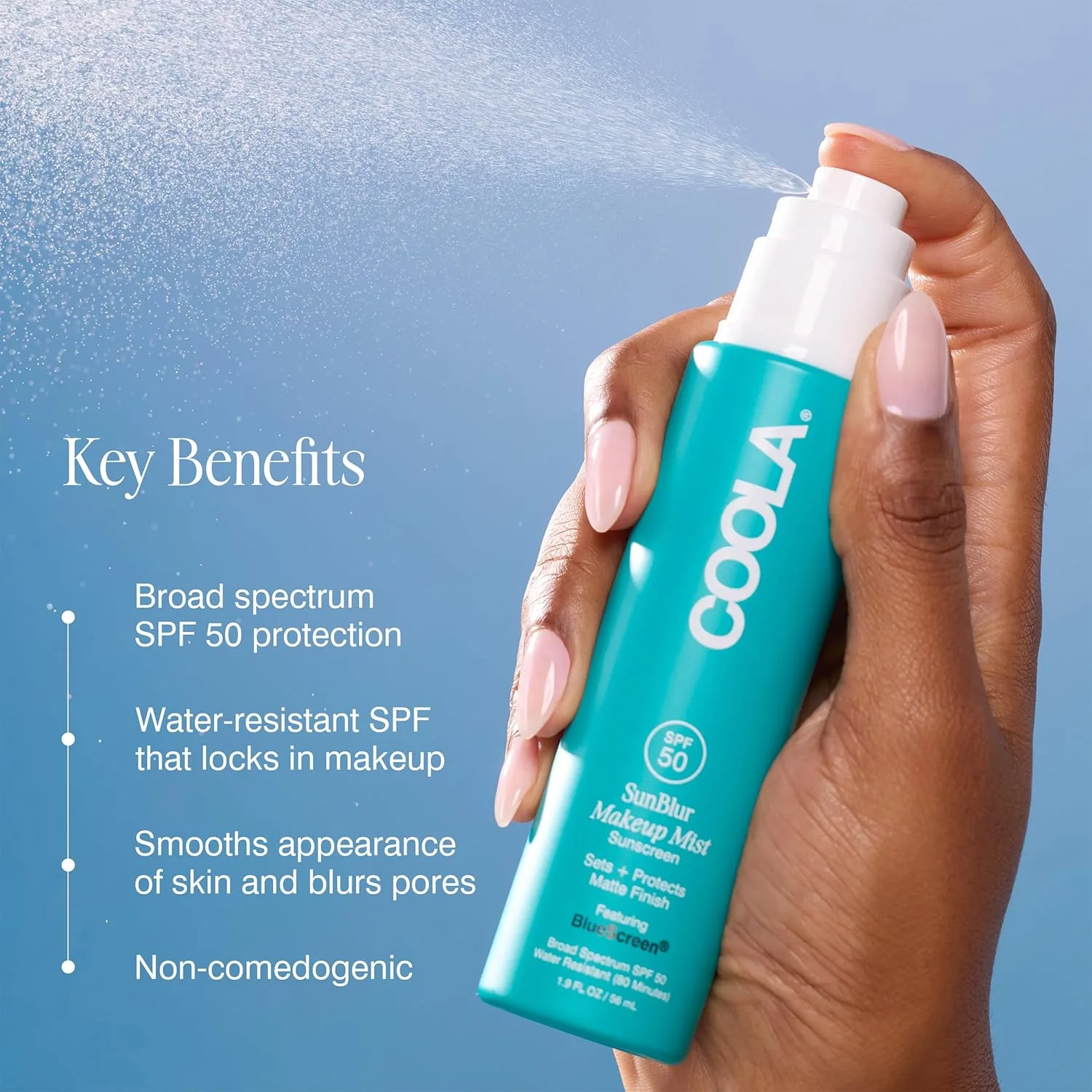 COOLA SunBlur Спрей для фиксации макияжа с SPF 50, матирующий спрей, протестирован дерматологами, без парабенов, веганский, 1,9 жидких унций, Multicolor — фото 3